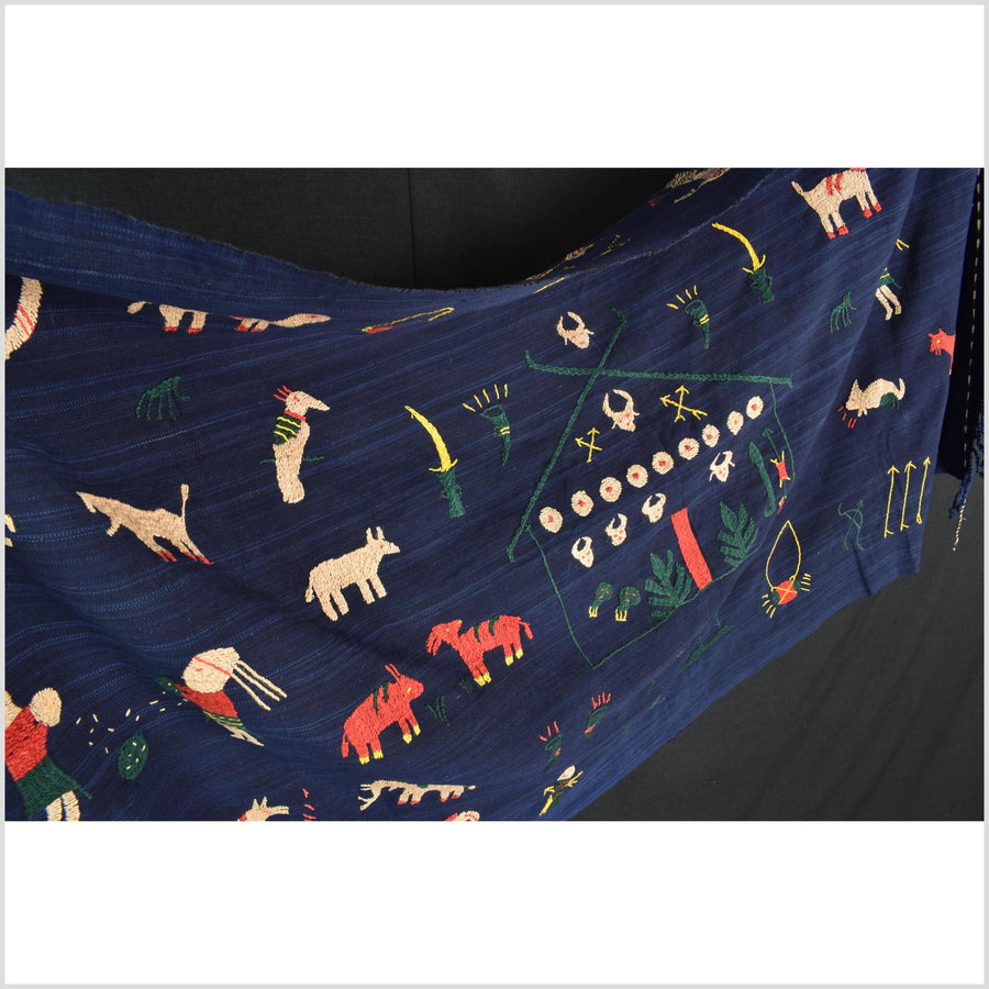 Cobalt blue Naga tribal textile cotton story quilt jungle hut embroidered boho Burma hill tribe tapestry Thailand India EW209