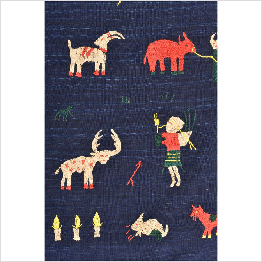 Cobalt blue Naga tribal textile cotton story quilt jungle hut embroidered boho Burma hill tribe tapestry Thailand India EW209