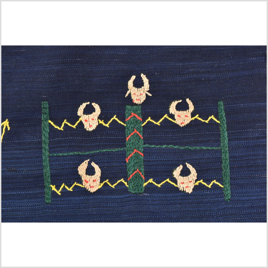 Cobalt blue Naga tribal textile cotton story quilt jungle hut embroidered boho Burma hill tribe tapestry Thailand India EW209