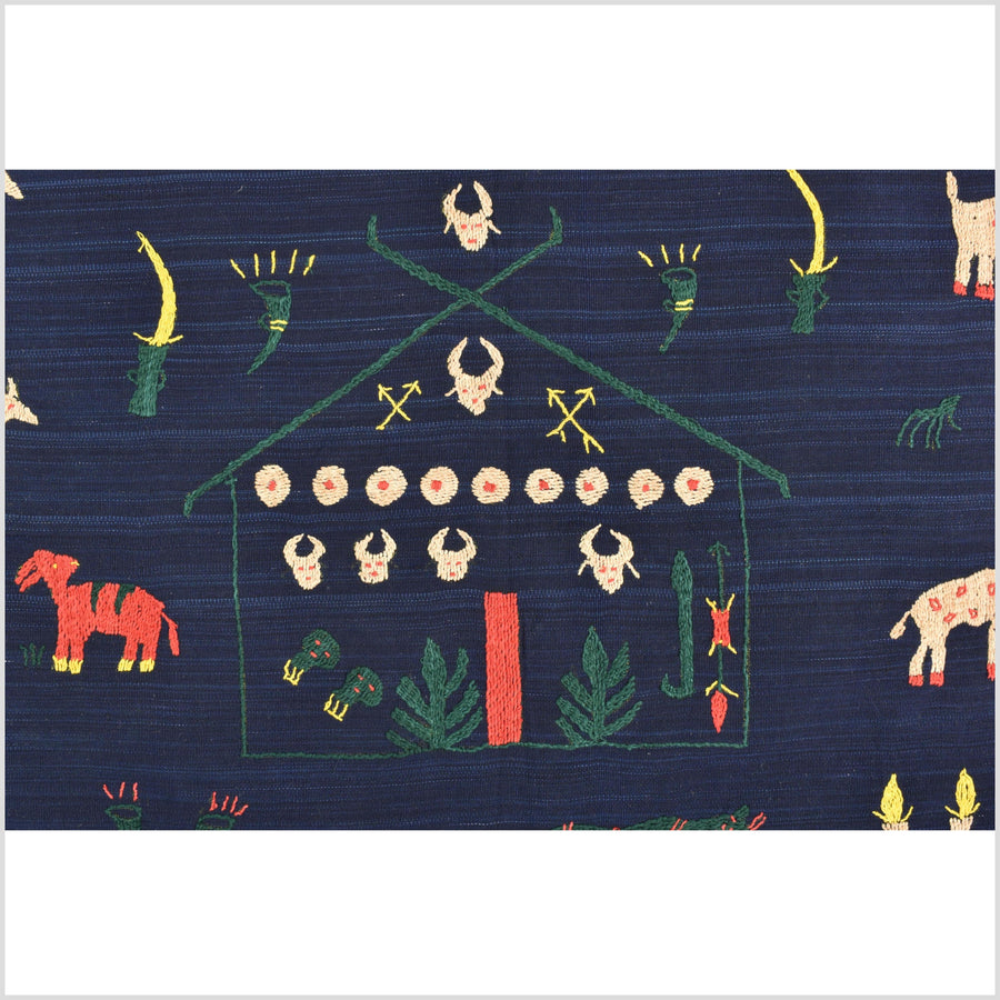 Cobalt blue Naga tribal textile cotton story quilt jungle hut embroidered boho Burma hill tribe tapestry Thailand India EW209