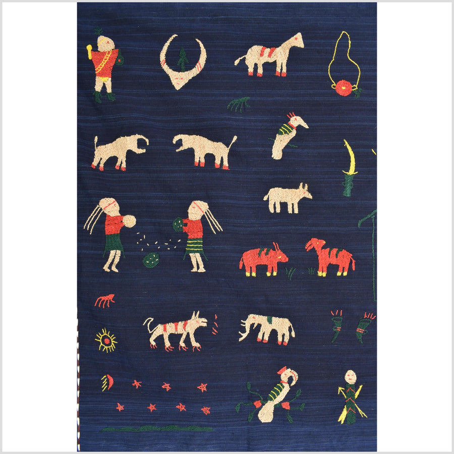 Cobalt blue Naga tribal textile cotton story quilt jungle hut embroidered boho Burma hill tribe tapestry Thailand India EW209
