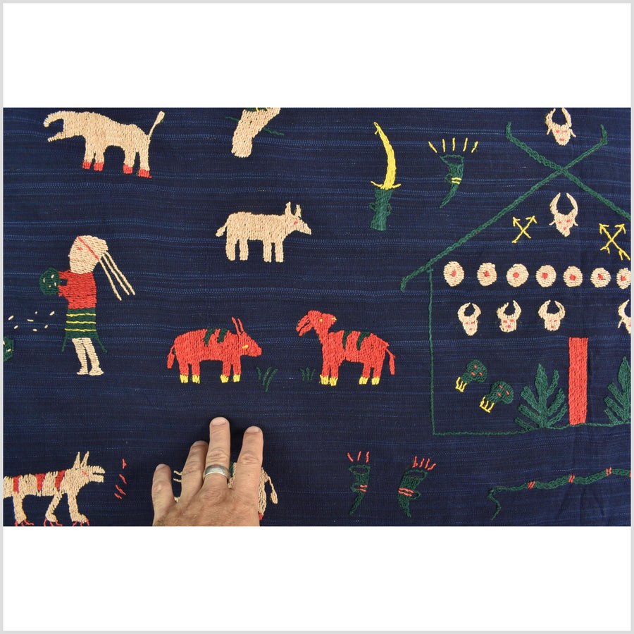 Cobalt blue Naga tribal textile cotton story quilt jungle hut embroidered boho Burma hill tribe tapestry Thailand India EW209