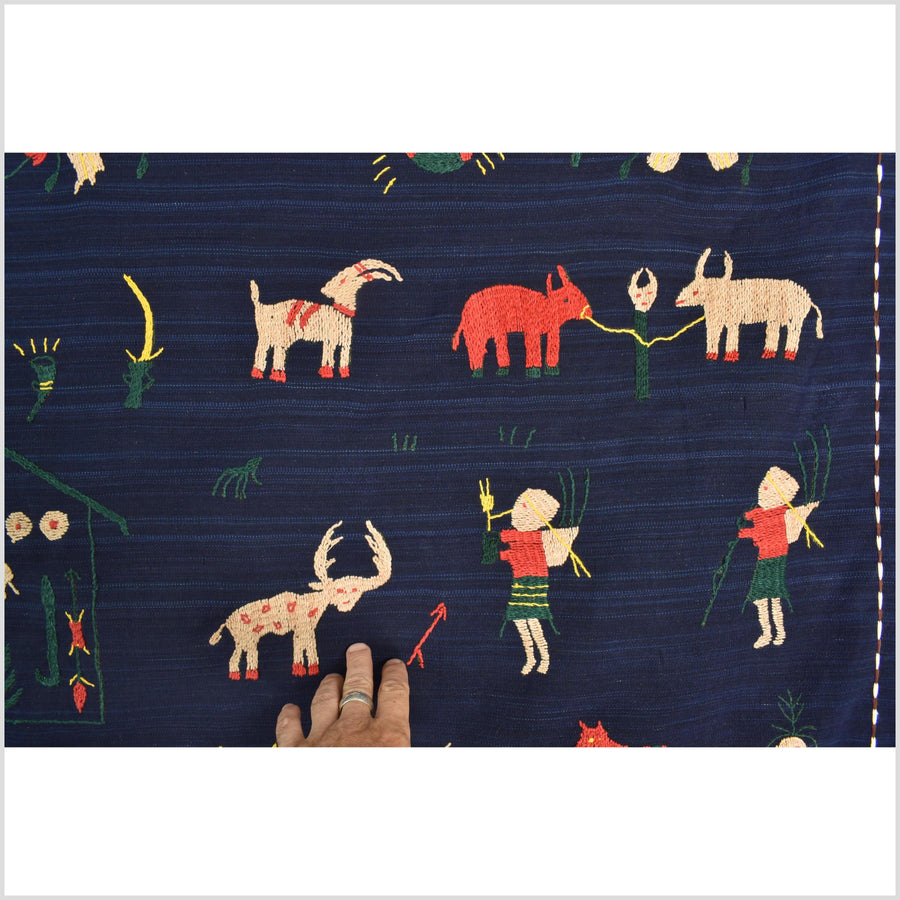 Cobalt blue Naga tribal textile cotton story quilt jungle hut embroidered boho Burma hill tribe tapestry Thailand India EW209