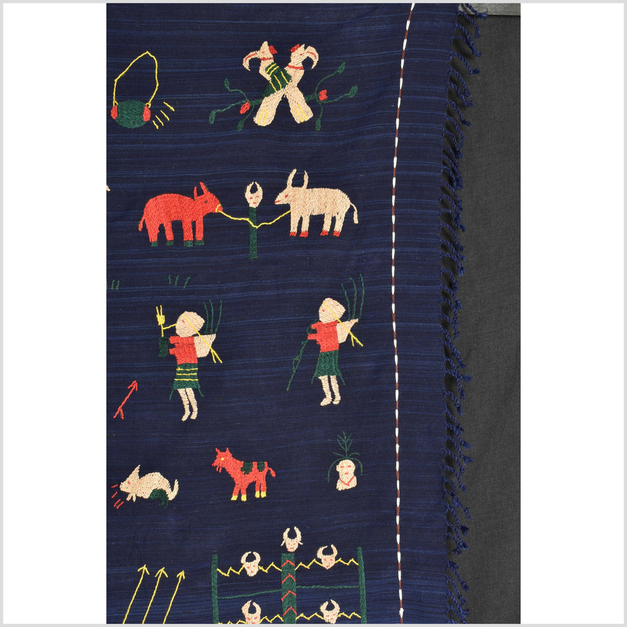 Cobalt blue Naga tribal textile cotton story quilt jungle hut embroidered boho Burma hill tribe tapestry Thailand India EW209