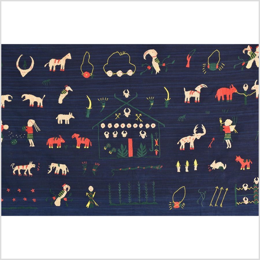 Cobalt blue Naga tribal textile cotton story quilt jungle hut embroidered boho Burma hill tribe tapestry Thailand India EW209