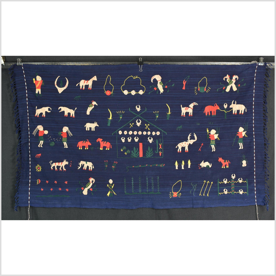 Cobalt blue Naga tribal textile cotton story quilt jungle hut embroidered boho Burma hill tribe tapestry Thailand India EW209