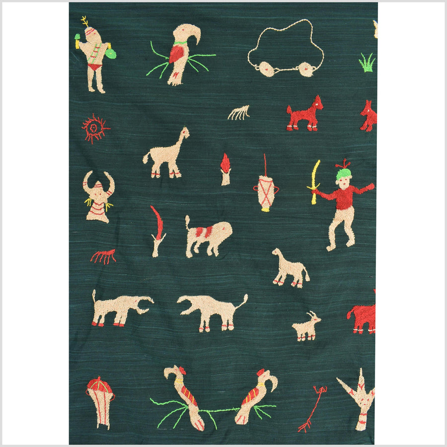 Evergreen Naga tribal textile cotton story quilt jungle hut embroidered boho Burma hill tribe tapestry Thailand India EW212