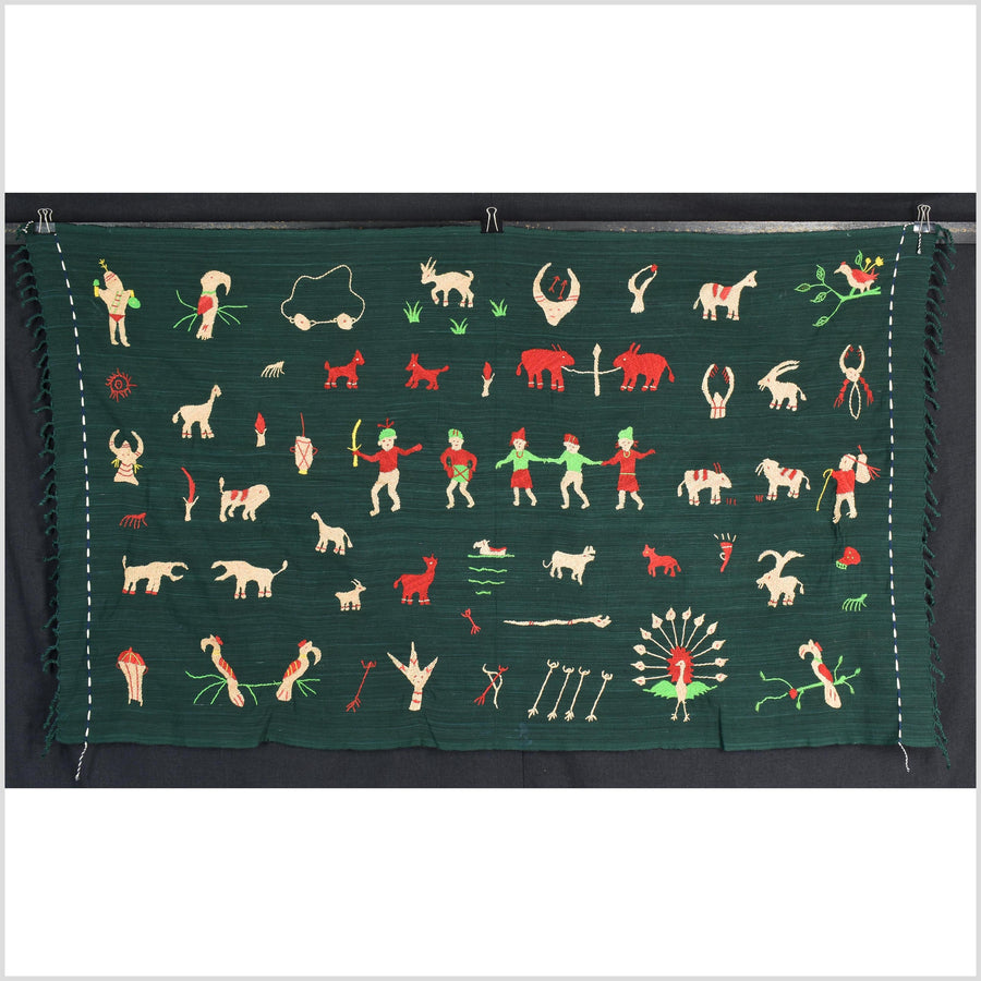 Evergreen Naga tribal textile cotton story quilt jungle hut embroidered boho Burma hill tribe tapestry Thailand India EW212