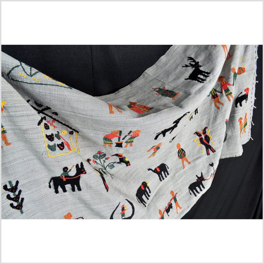 Pearl gray Naga tribal textile cotton story quilt jungle hut embroidered boho Burma hill tribe tapestry Thailand India EW213
