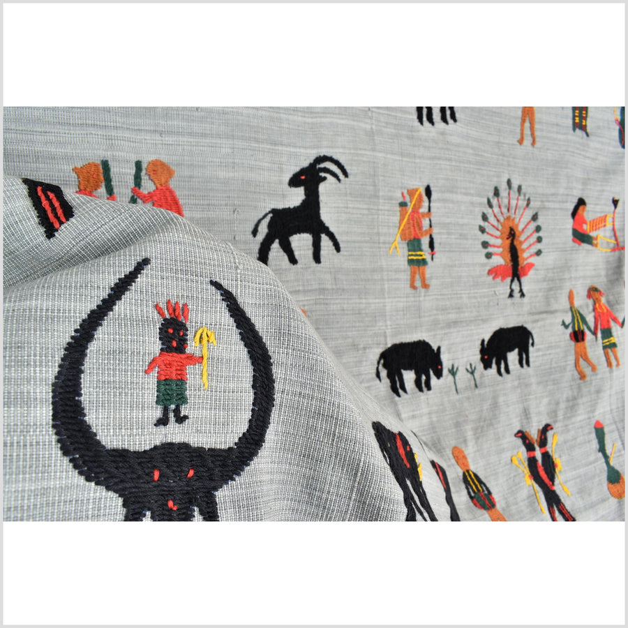 Pearl gray Naga tribal textile cotton story quilt jungle hut embroidered boho Burma hill tribe tapestry Thailand India EW213