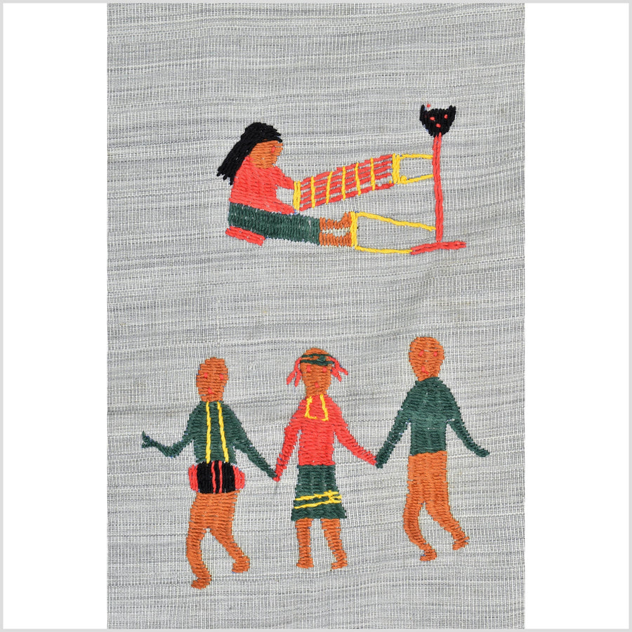 Pearl gray Naga tribal textile cotton story quilt jungle hut embroidered boho Burma hill tribe tapestry Thailand India EW213