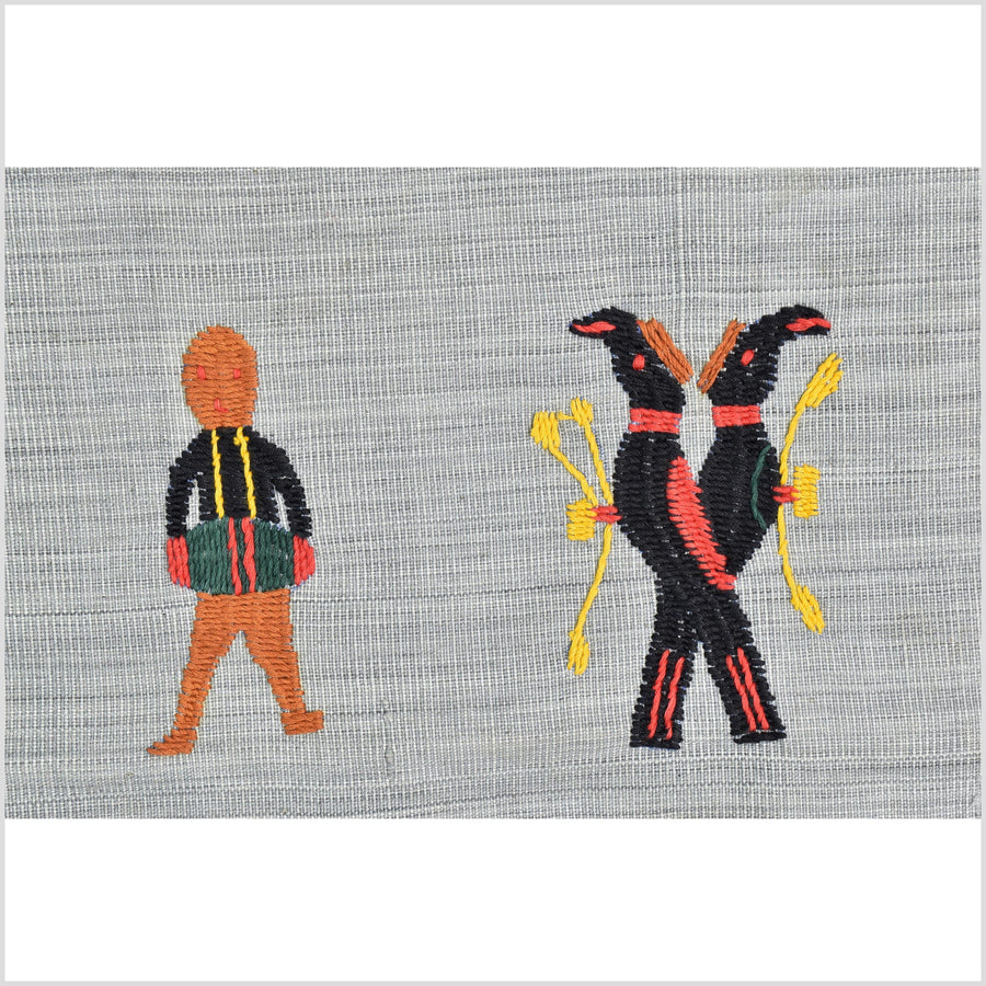 Pearl gray Naga tribal textile cotton story quilt jungle hut embroidered boho Burma hill tribe tapestry Thailand India EW213