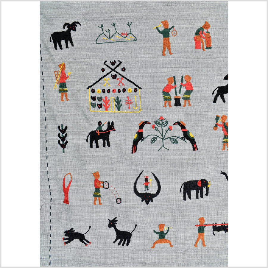 Pearl gray Naga tribal textile cotton story quilt jungle hut embroidered boho Burma hill tribe tapestry Thailand India EW213