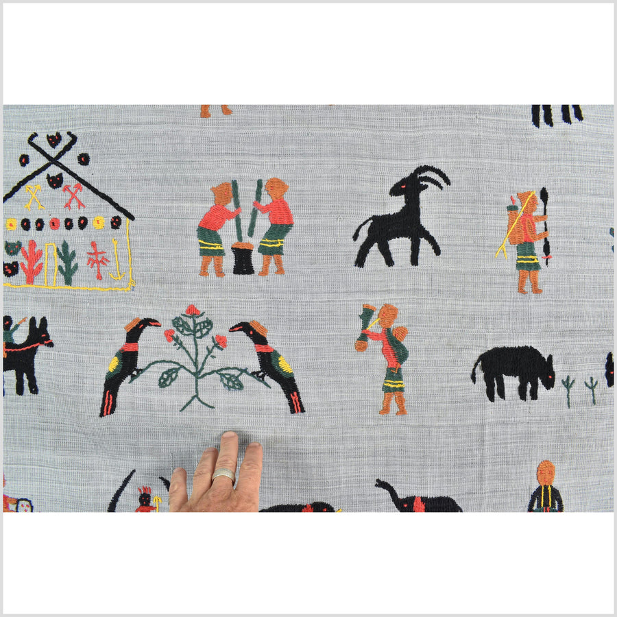 Pearl gray Naga tribal textile cotton story quilt jungle hut embroidered boho Burma hill tribe tapestry Thailand India EW213