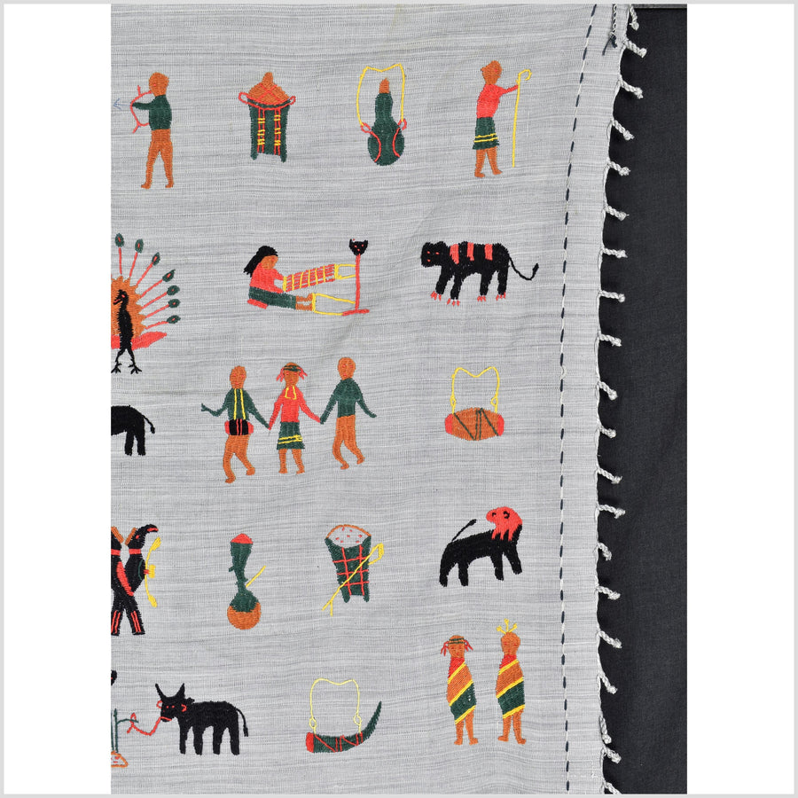 Pearl gray Naga tribal textile cotton story quilt jungle hut embroidered boho Burma hill tribe tapestry Thailand India EW213