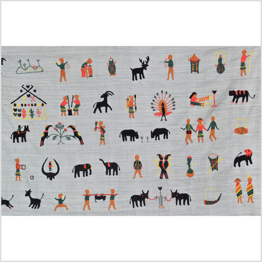 Pearl gray Naga tribal textile cotton story quilt jungle hut embroidered boho Burma hill tribe tapestry Thailand India EW213