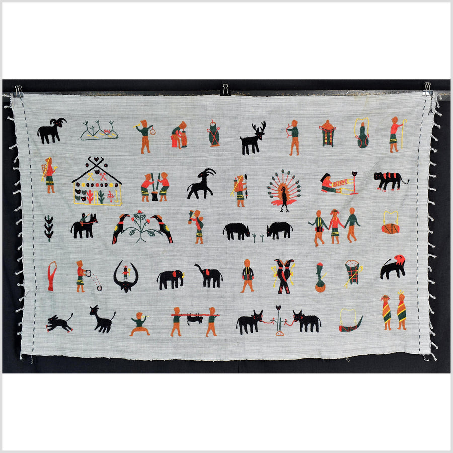 Pearl gray Naga tribal textile cotton story quilt jungle hut embroidered boho Burma hill tribe tapestry Thailand India EW213