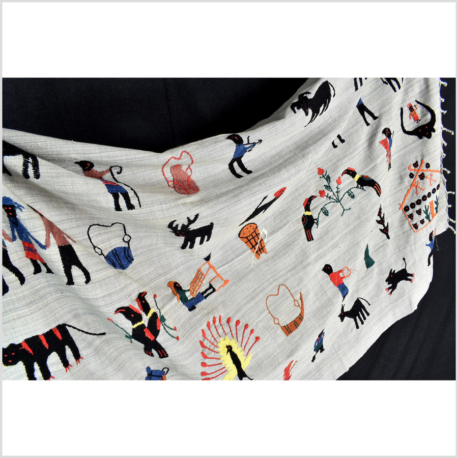 Pearl gray Naga tribal textile cotton story quilt jungle hut embroidered boho Burma hill tribe tapestry Thailand India EW214