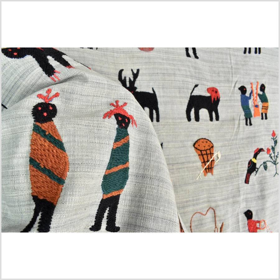 Pearl gray Naga tribal textile cotton story quilt jungle hut embroidered boho Burma hill tribe tapestry Thailand India EW214
