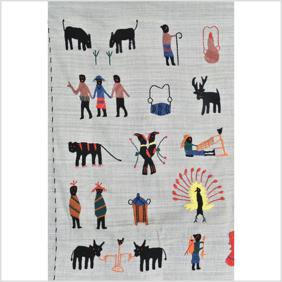 Pearl gray Naga tribal textile cotton story quilt jungle hut embroidered boho Burma hill tribe tapestry Thailand India EW214