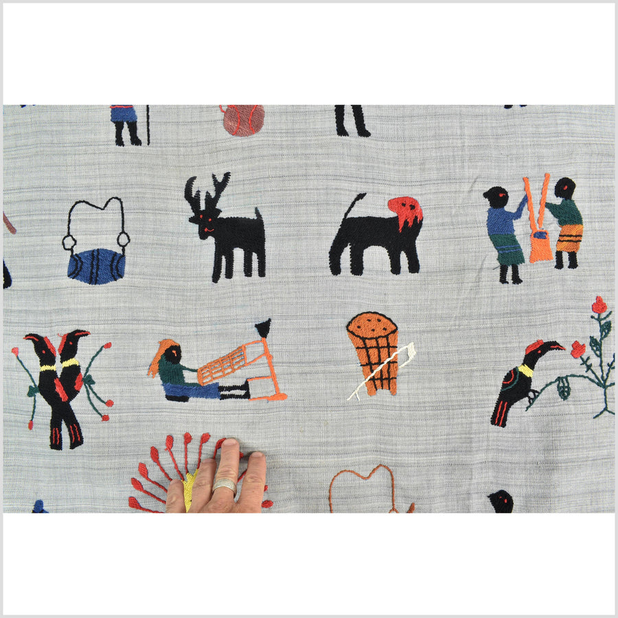 Pearl gray Naga tribal textile cotton story quilt jungle hut embroidered boho Burma hill tribe tapestry Thailand India EW214
