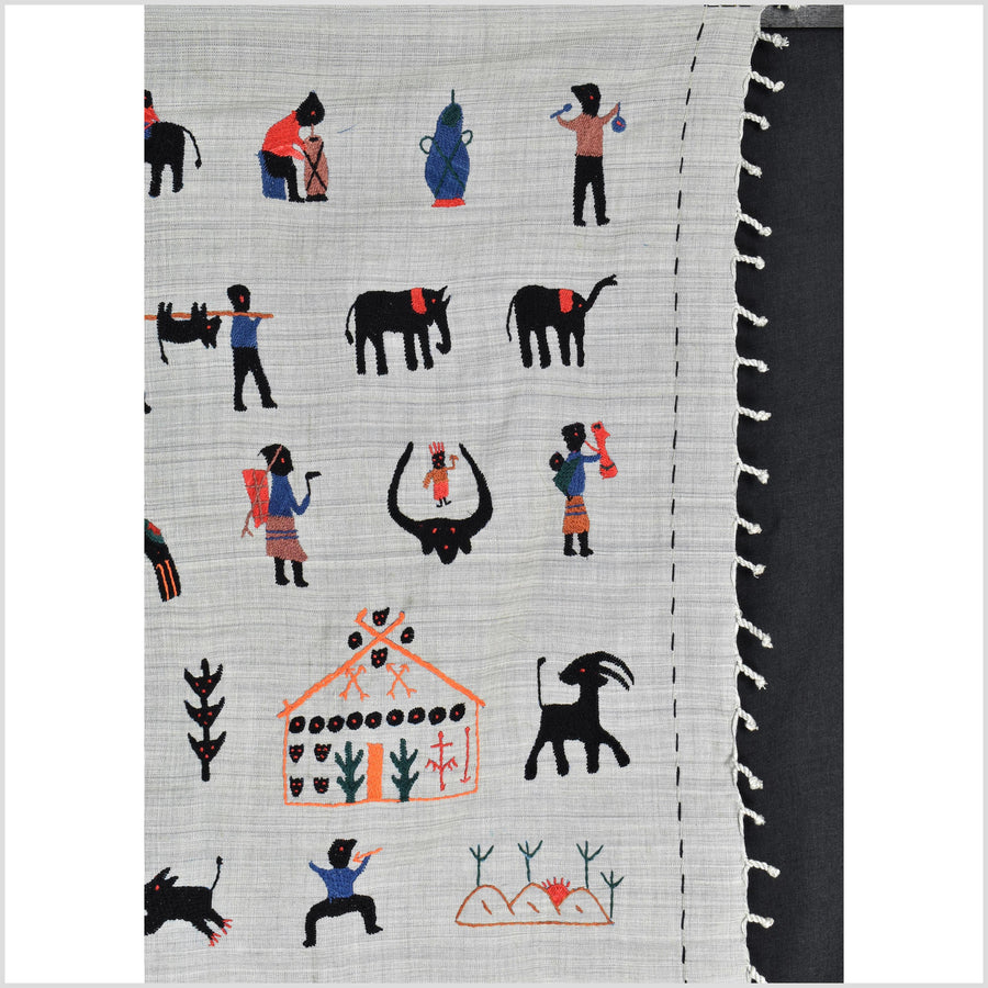 Pearl gray Naga tribal textile cotton story quilt jungle hut embroidered boho Burma hill tribe tapestry Thailand India EW214