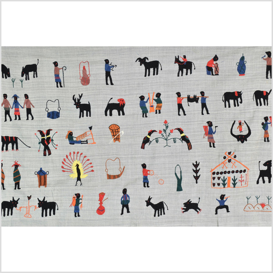 Pearl gray Naga tribal textile cotton story quilt jungle hut embroidered boho Burma hill tribe tapestry Thailand India EW214