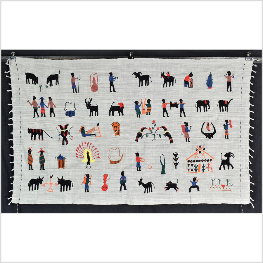 Pearl gray Naga tribal textile cotton story quilt jungle hut embroidered boho Burma hill tribe tapestry Thailand India EW214