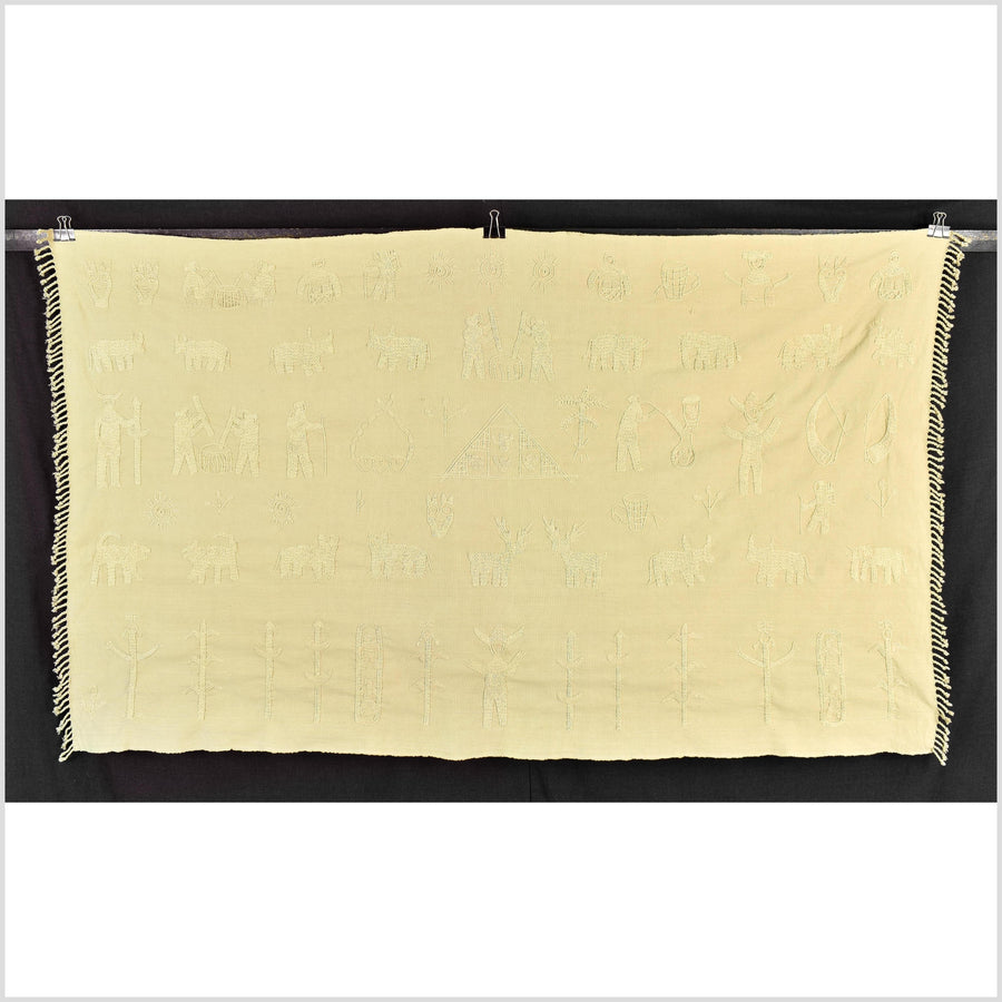 Yellow ocher cotton story quilt Naga tribal textile ethnic embroidered boho fabric Burma hill tribe tapestry Thailand India Hmong EW226