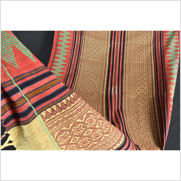 Vintage tribal home decor ethnic Naga blanket, brown, black, red, tan, handwoven cotton throw boho Thailand Burma India tapestry EW237-1