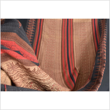 Vintage tribal home decor ethnic Naga blanket, brown, indigo, red, handwoven cotton throw boho Thailand Burma India tapestry EW238