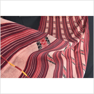Tribal home decor ethnic Naga blanket, geometric stripe, red, maroon, pink, handwoven cotton throw boho Thailand Burma India tapestry EW239