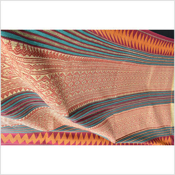 Vintage tribal home decor ethnic Naga blanket, beige, red, pink, orange, handwoven cotton throw boho Thailand Burma India tapestry EW242