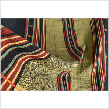 Vintage tribal home decor ethnic Naga blanket, gold, black, brick red, green, handwoven cotton throw boho Thailand Burma India tapestry EW243