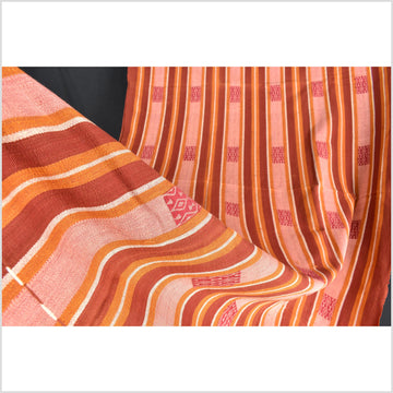 Vintage tribal home decor ethnic Naga blanket, geometric stripe, orange, pink, cream, red, handwoven cotton throw boho Thailand Burma India tapestry EW245