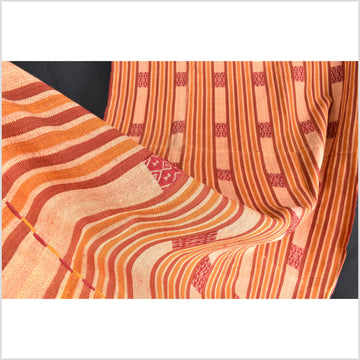 Vintage tribal home decor ethnic Naga blanket, geometric stripe, orange, red, handwoven cotton throw boho Thailand Burma India tapestry EW246