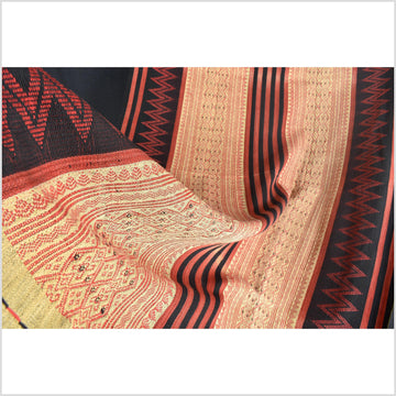 Vintage tribal home decor ethnic Naga blanket, beige, black, red, handwoven cotton throw boho Thailand Burma India tapestry EW248