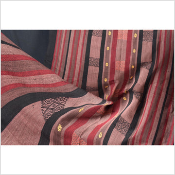 Vintage tribal home decor ethnic Naga blanket, mauve, black, red, handwoven cotton throw boho Thailand Burma India tapestry EW250