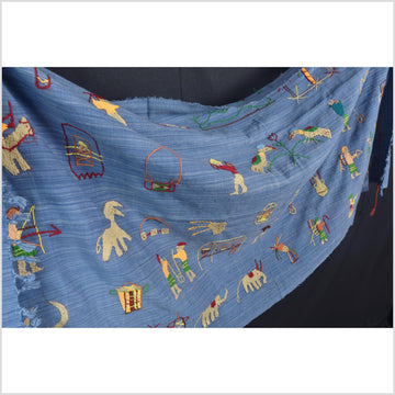 Cornflower blue cotton story quilt Naga tribal textile ethnic embroidered boho fabric Burma hill tribe tapestry Thailand India Hmong II100