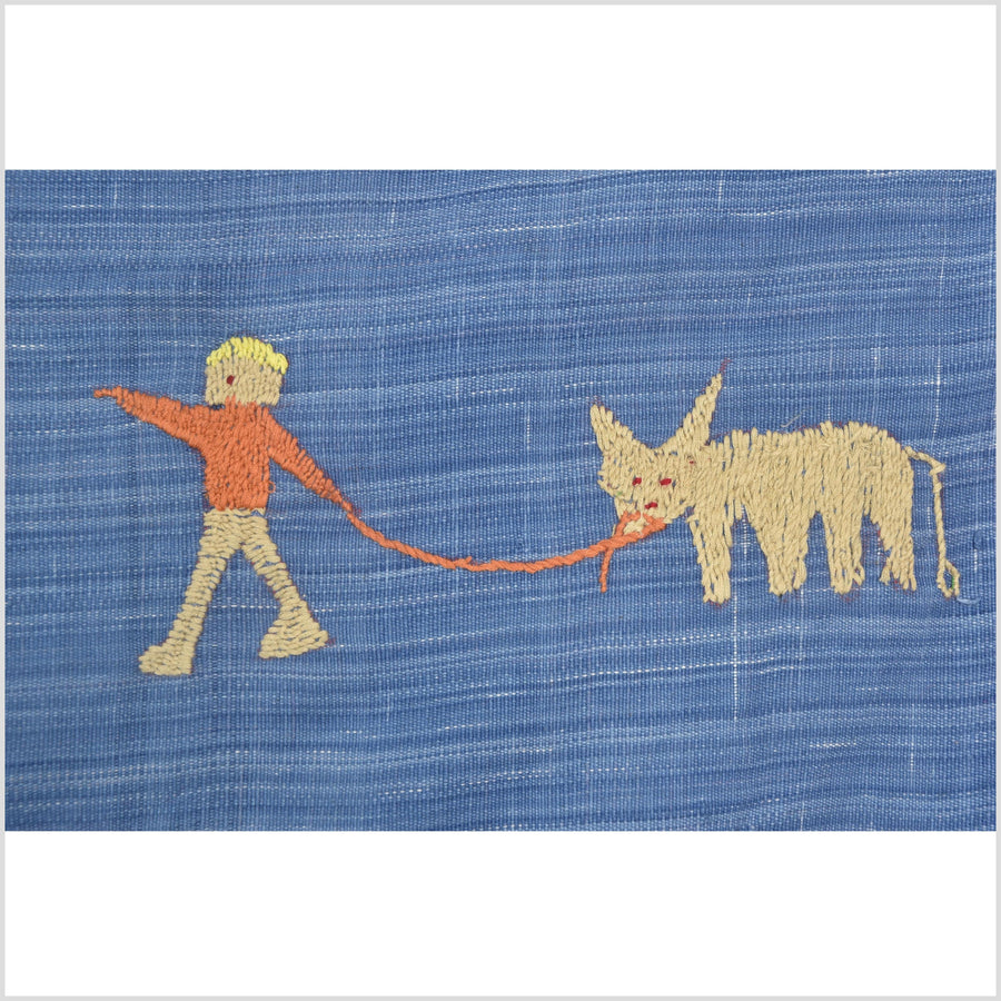 Cornflower blue cotton story quilt Naga tribal textile ethnic embroidered boho fabric Burma hill tribe tapestry Thailand India Hmong II100