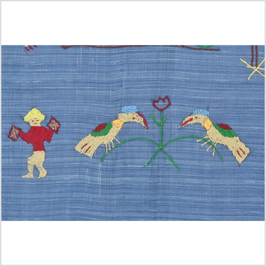 Cornflower blue cotton story quilt Naga tribal textile ethnic embroidered boho fabric Burma hill tribe tapestry Thailand India Hmong II100