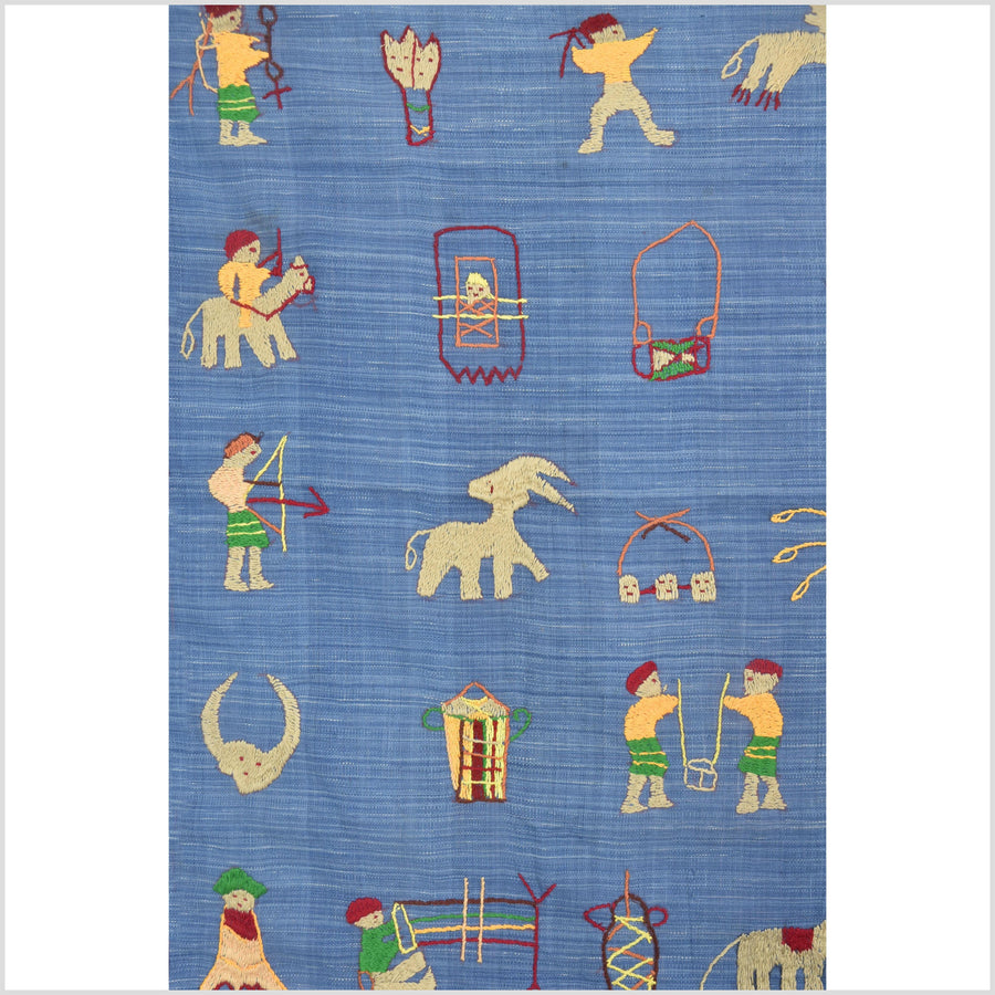 Cornflower blue cotton story quilt Naga tribal textile ethnic embroidered boho fabric Burma hill tribe tapestry Thailand India Hmong II100