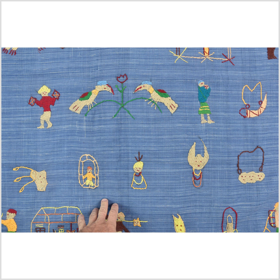 Cornflower blue cotton story quilt Naga tribal textile ethnic embroidered boho fabric Burma hill tribe tapestry Thailand India Hmong II100