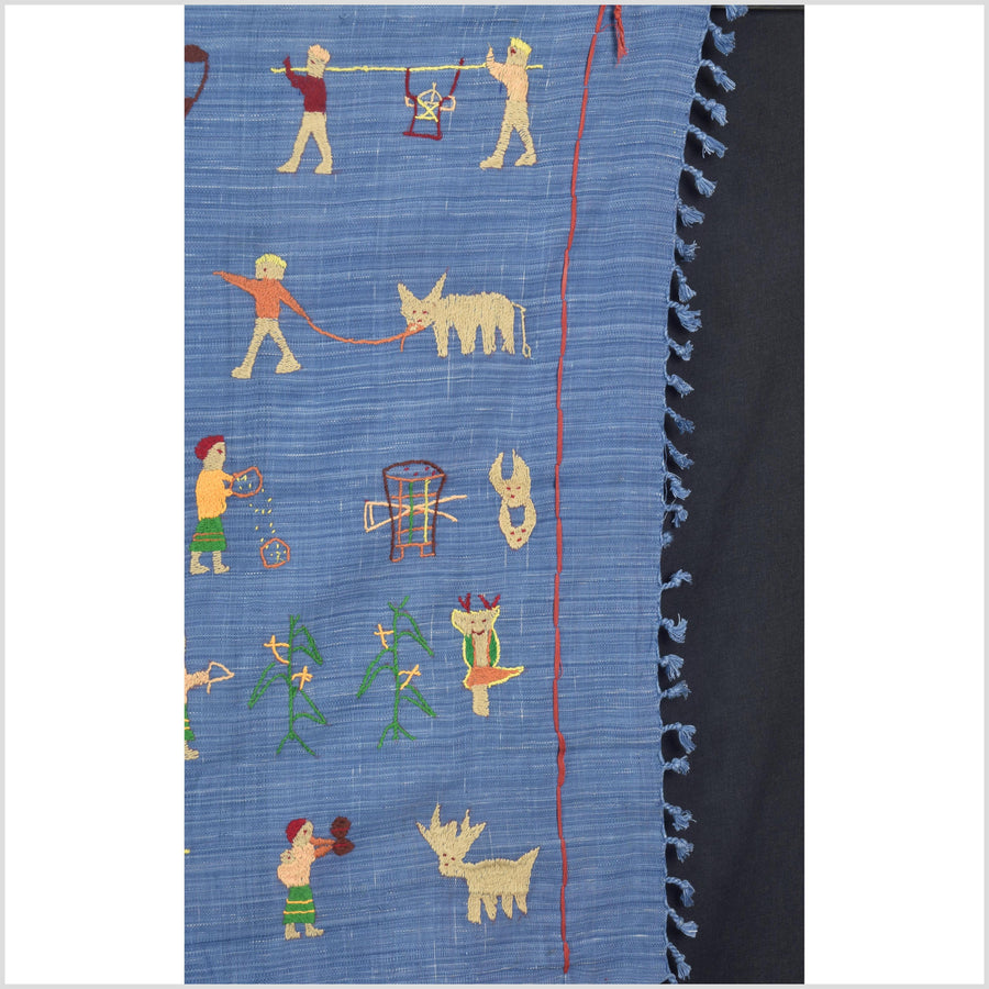 Cornflower blue cotton story quilt Naga tribal textile ethnic embroidered boho fabric Burma hill tribe tapestry Thailand India Hmong II100