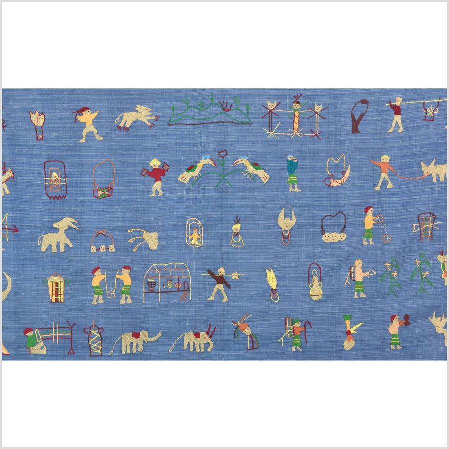 Cornflower blue cotton story quilt Naga tribal textile ethnic embroidered boho fabric Burma hill tribe tapestry Thailand India Hmong II100