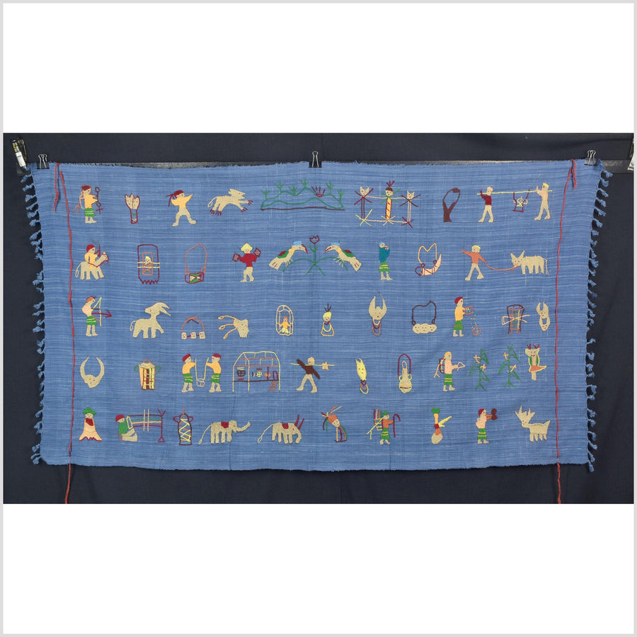 Cornflower blue cotton story quilt Naga tribal textile ethnic embroidered boho fabric Burma hill tribe tapestry Thailand India Hmong II100