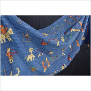 Cornflower blue cotton story quilt Naga tribal textile ethnic embroidered boho fabric Burma hill tribe tapestry Thailand India Hmong II101