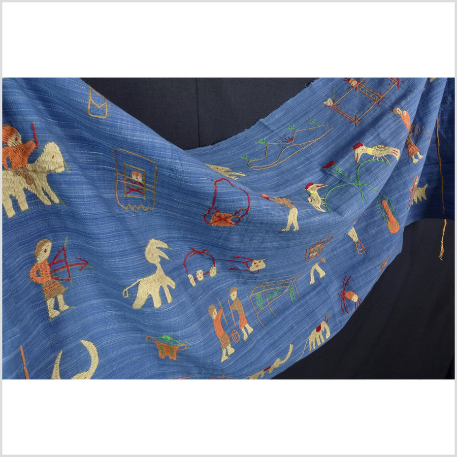 Cornflower blue cotton story quilt Naga tribal textile ethnic embroidered boho fabric Burma hill tribe tapestry Thailand India Hmong II101
