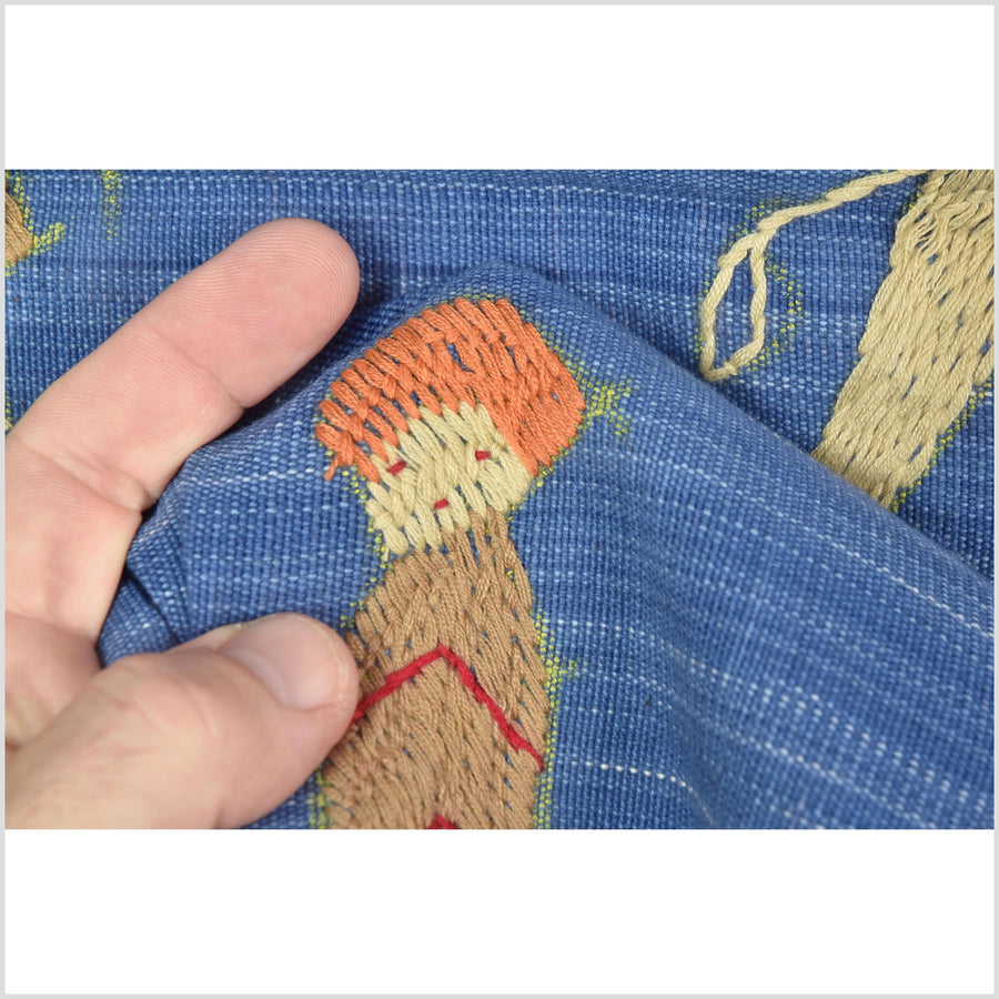 Cornflower blue cotton story quilt Naga tribal textile ethnic embroidered boho fabric Burma hill tribe tapestry Thailand India Hmong II101
