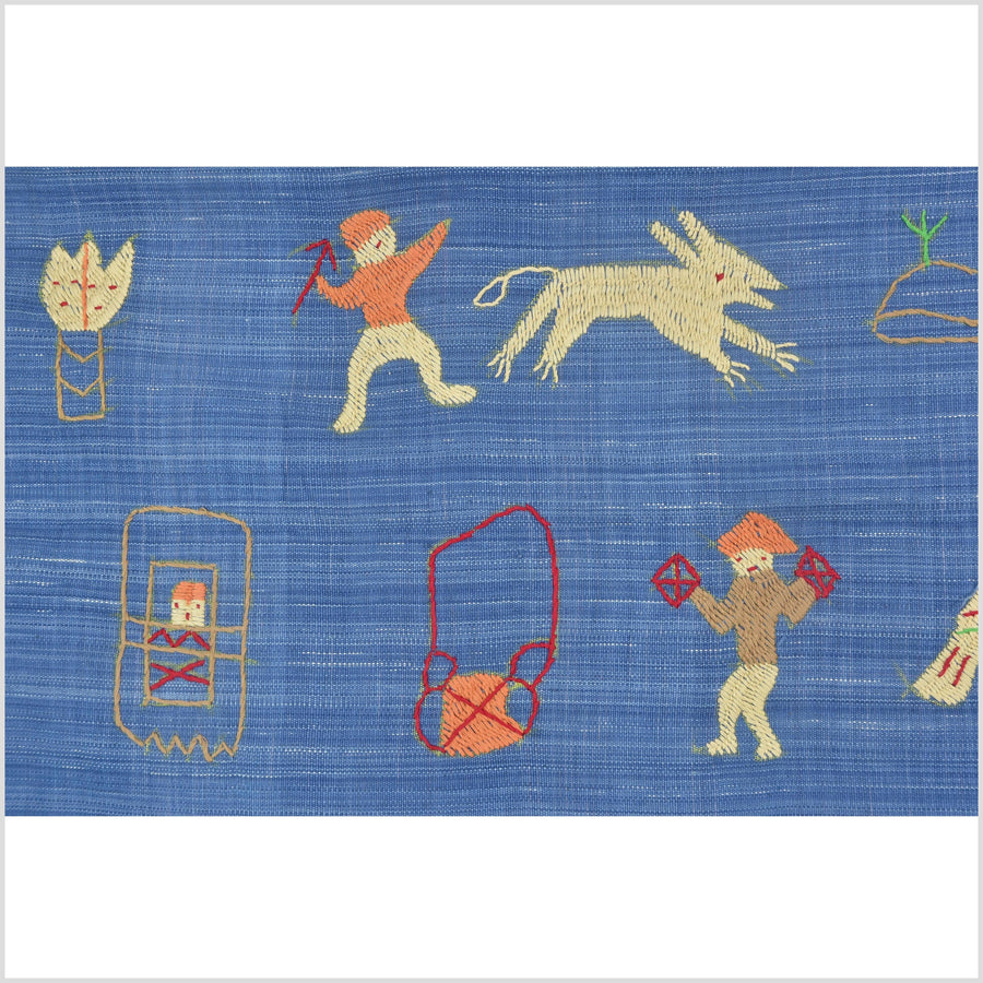 Cornflower blue cotton story quilt Naga tribal textile ethnic embroidered boho fabric Burma hill tribe tapestry Thailand India Hmong II101